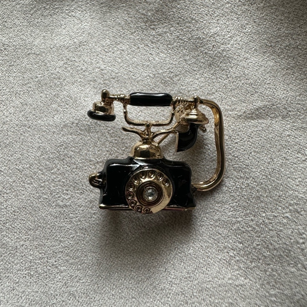 Elegant Black and Gold Telephone Brooch